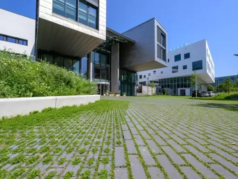 Klinkerio formato ažūrinių eko betoninių trinkelių su žaliuojančia veja tvarus ir estetiškas grindinys aikštelėje prie pastato