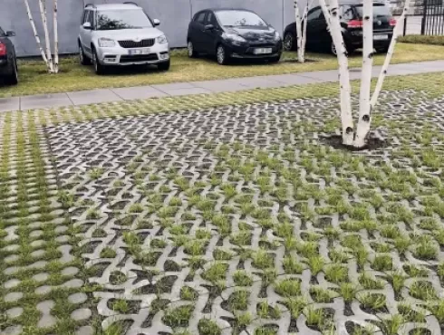 Ornamentinių ažūrinių eko betoninių trinkelių su žaliuojančia veja tvarus ir estetiškas grindinys automobilių aikštelėje